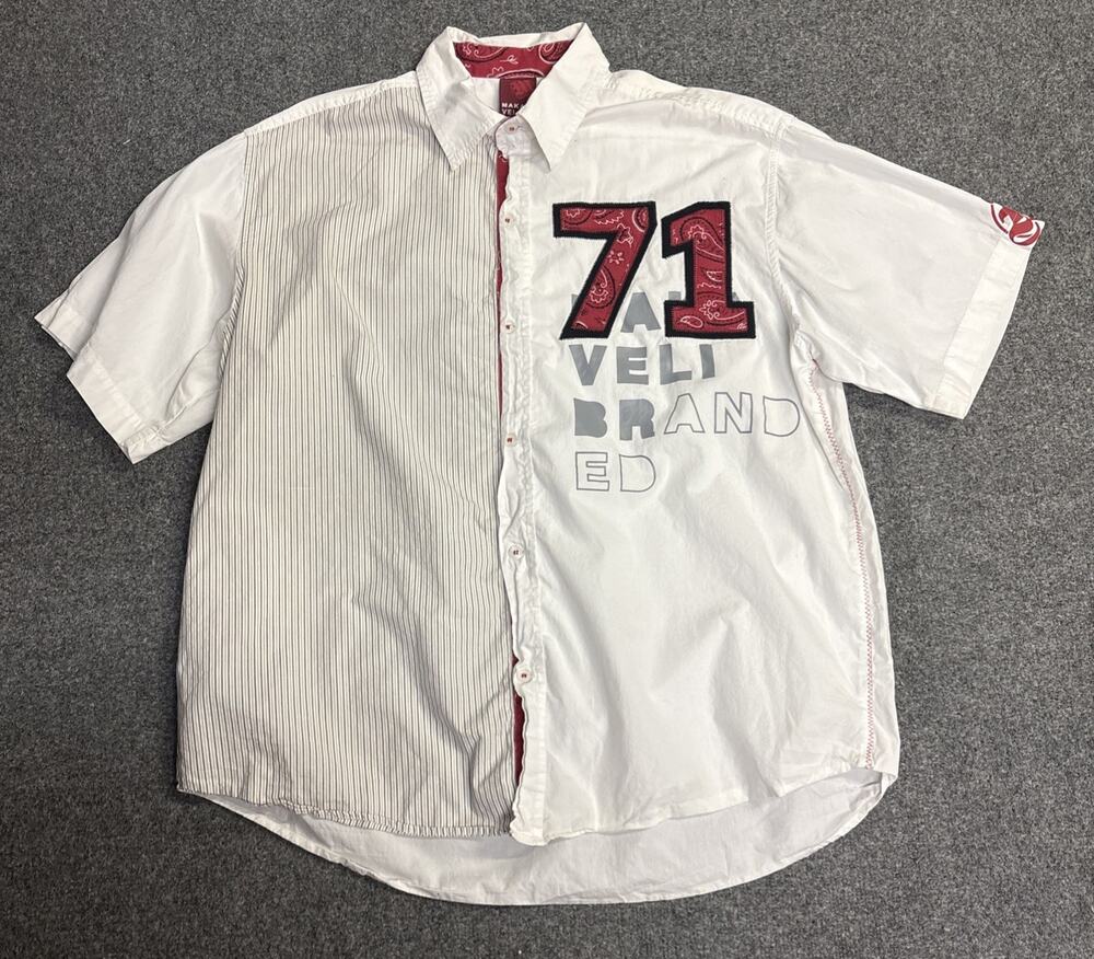 Y2K Tupac Makaveli Branded Men’s 2XL White Red Paisley Button Down Short Sleeve